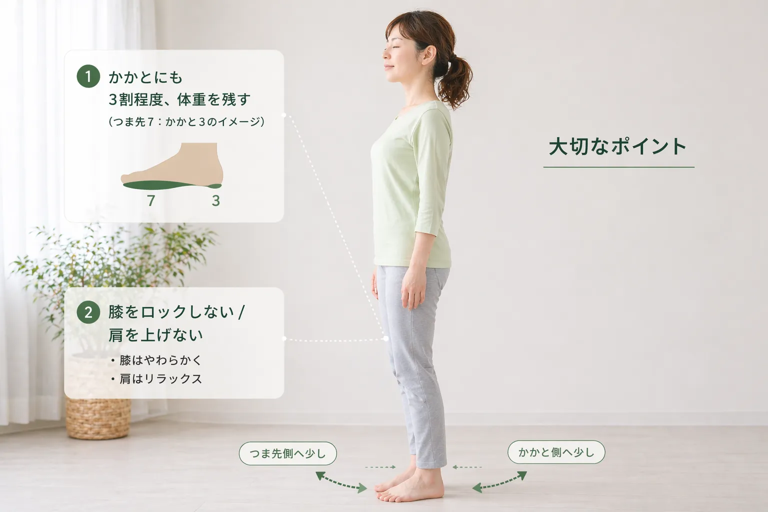 つま先側へ少し→かかと側へ少し、と前後に揺れるイメージ