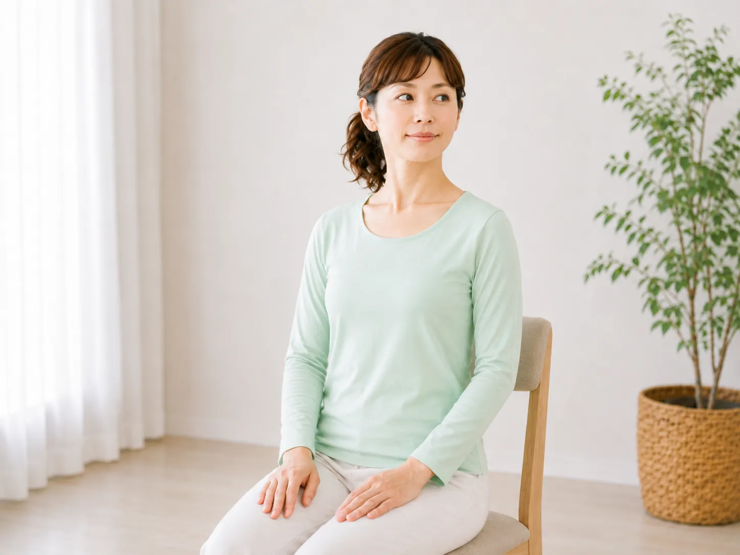 首の前側の力みがほどけ、息と声の通り道に余白が戻るイメージ